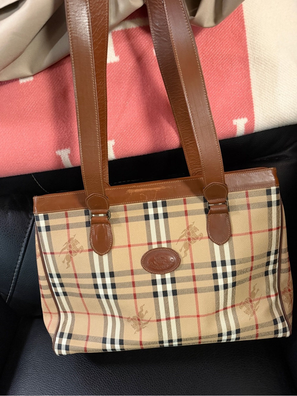 Burberry Beige Plaid Tote with Brown Leather Straps